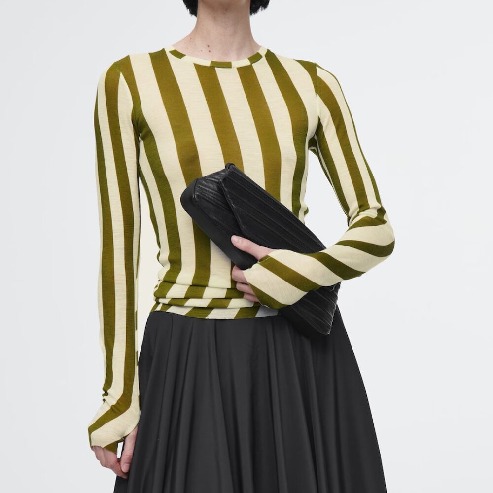 CREW-NECK MERINO WOOL TOP - GREEN / STRIPED